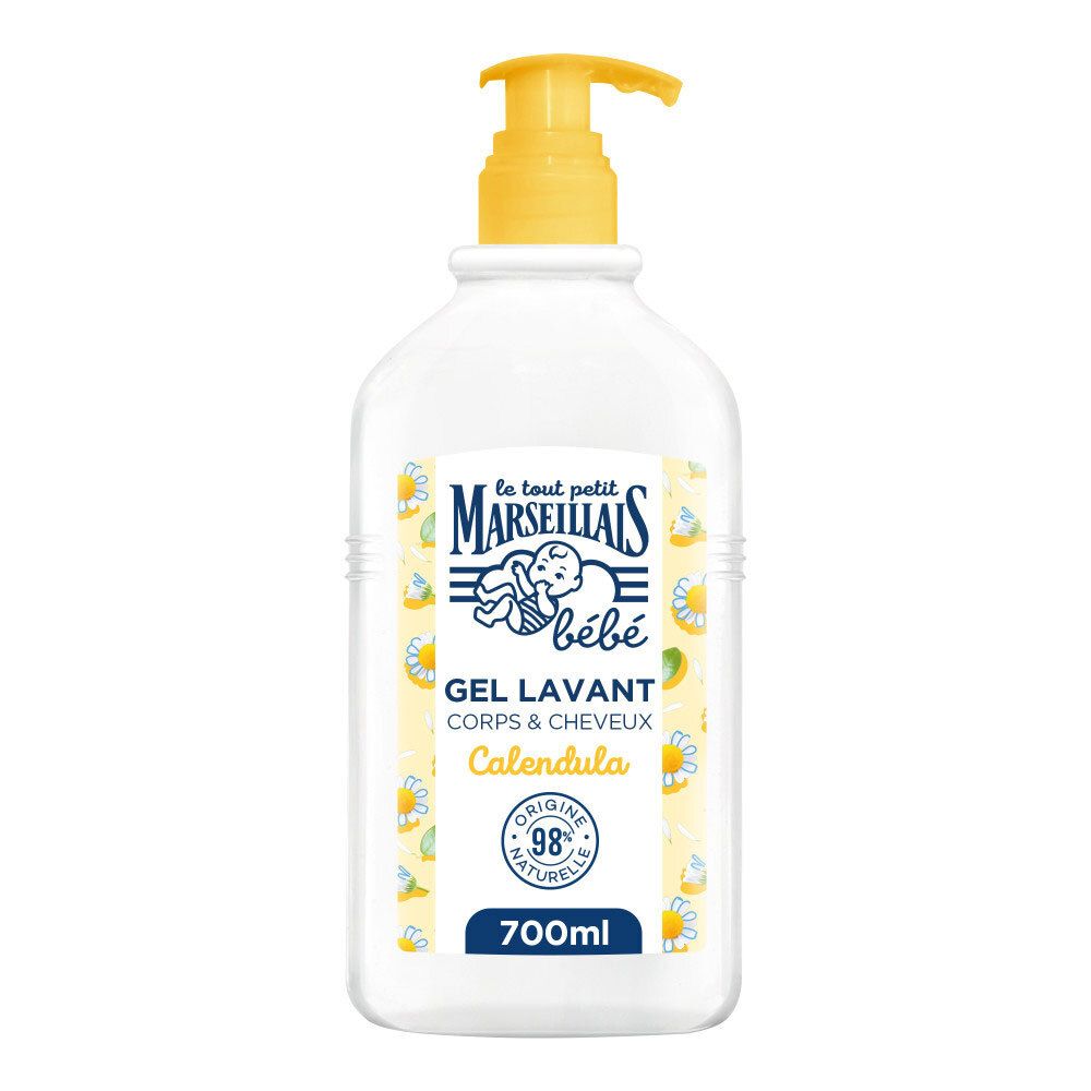 Witte dispenser met gele pomp. Etiket met logo, productnaam en ingrediënten. 700ml.