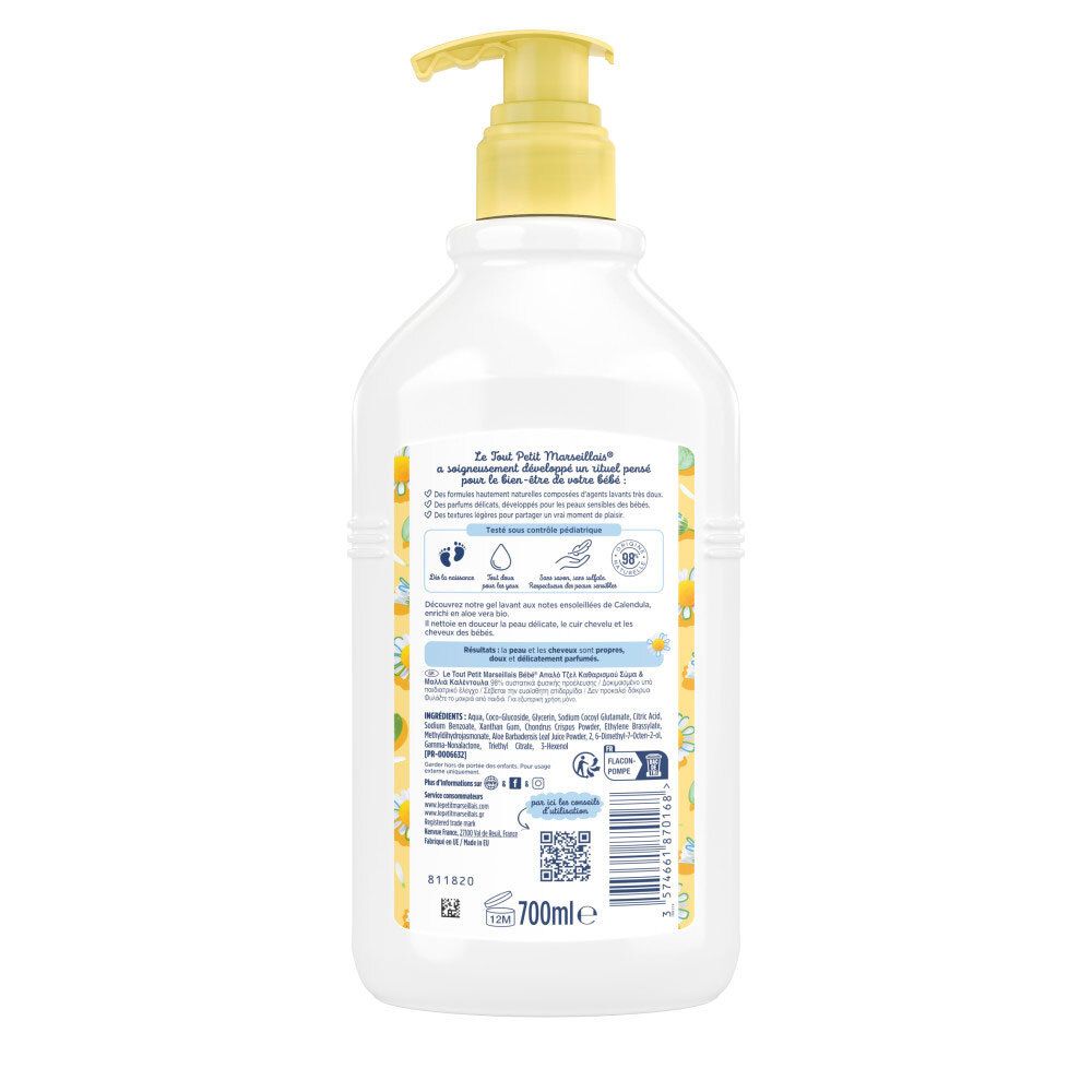 Achterkant van de witte dispenser. Tekstinformatie, QR-code en ingrediënten. 700ml.