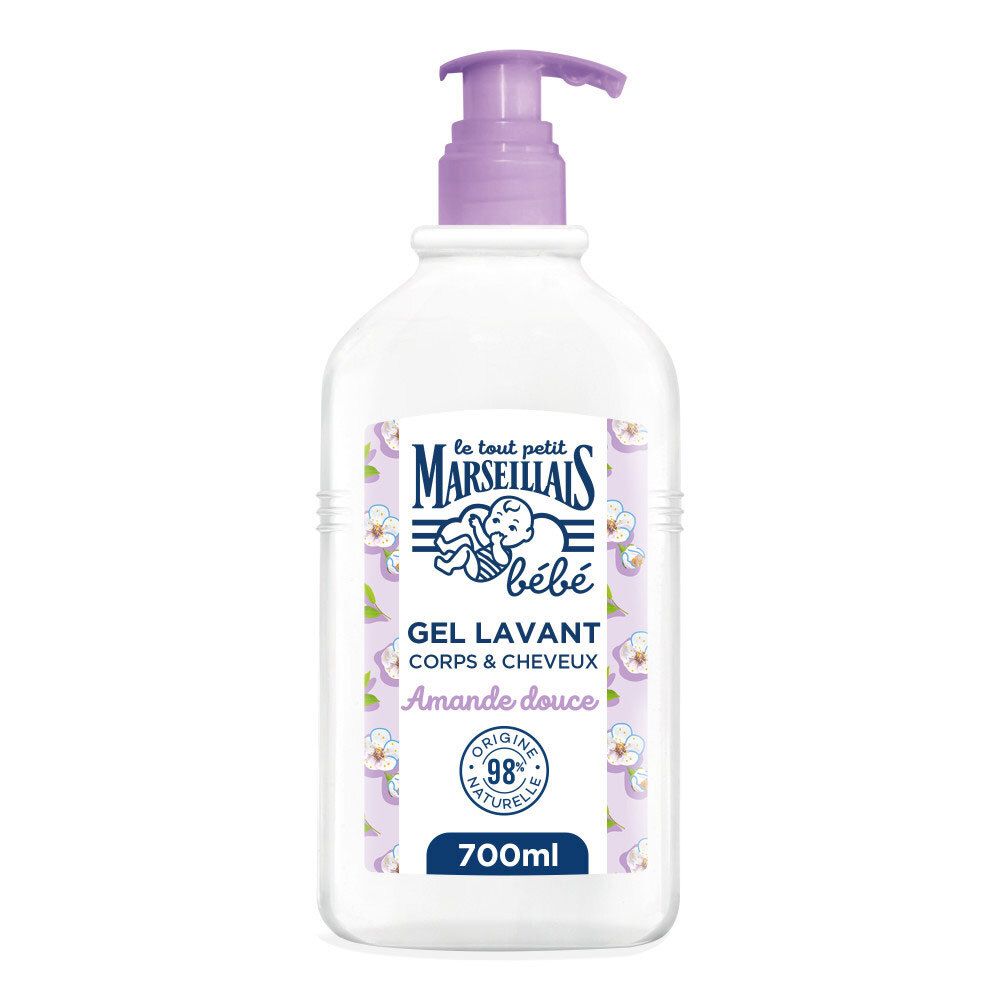 Witte wasgel met paarse pomp. Opschrift: LE TOUT PETIT MARSEILLAIS bébé, Gel Lavant Corps & Cheveux, Amande douce, 98% naturel, 700ml.