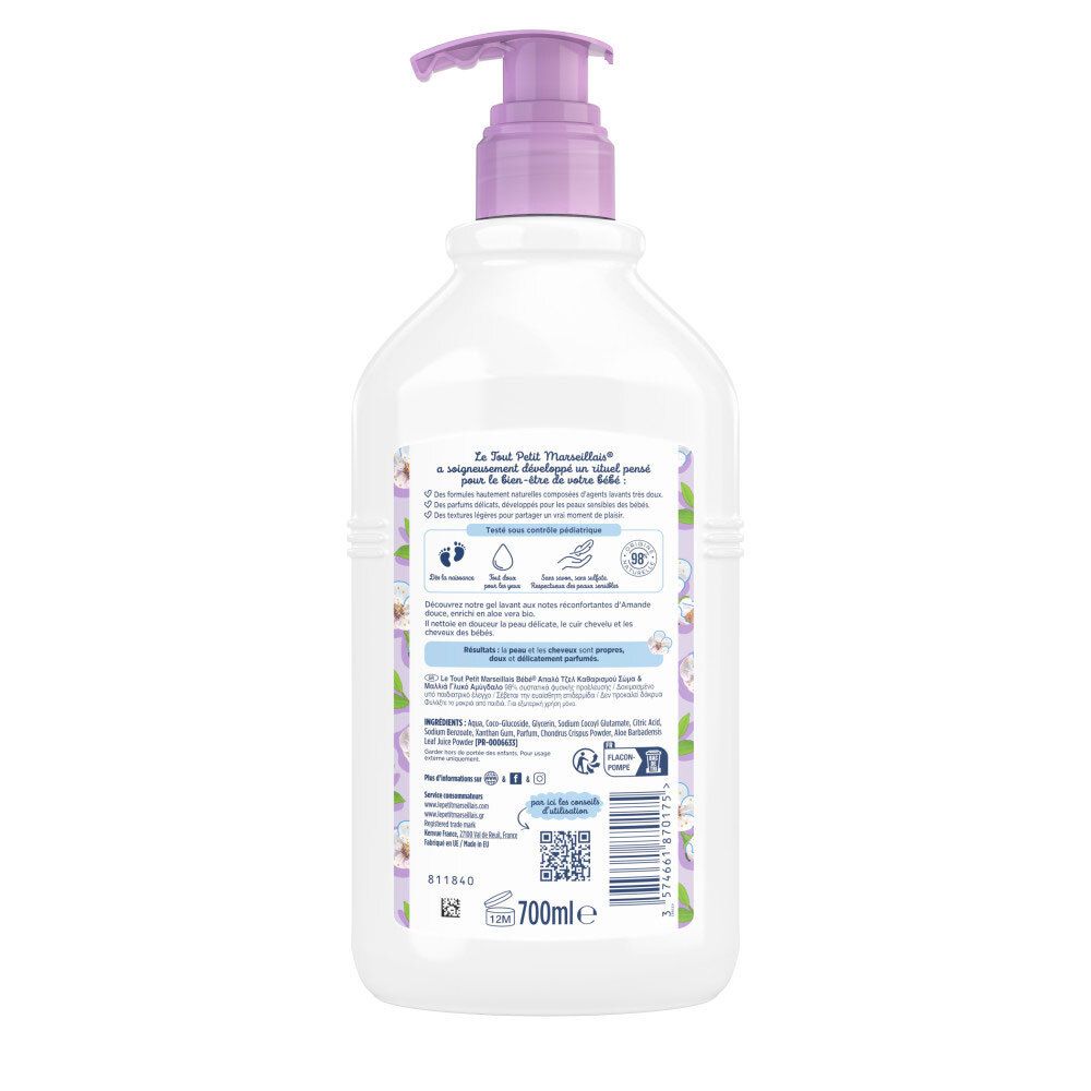Achterkant van de wasgelfles. Tekst: LE TOUT PETIT MARSEILLAIS, informatie over gebruik, ingrediënten, recycling symbool, 700ml.