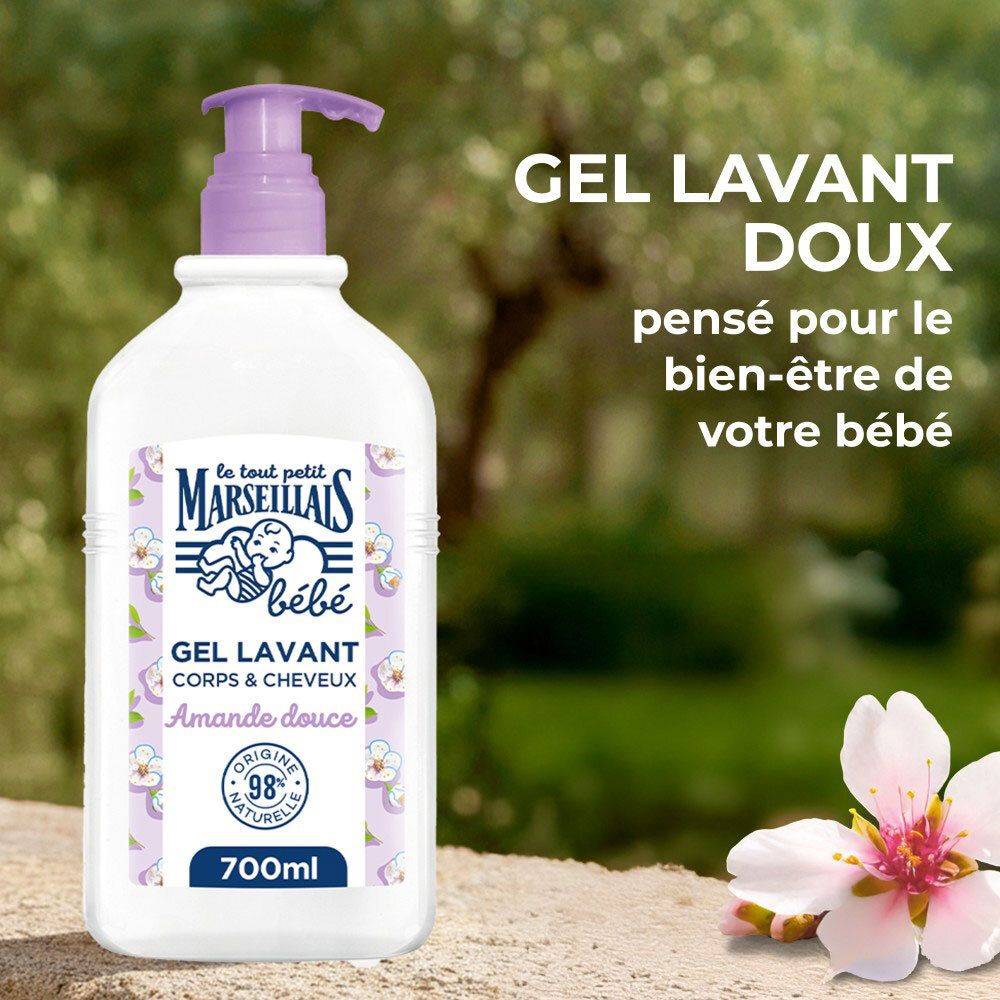 Wasgelfles met paarse pomp op groene achtergrond. Tekst: GEL LAVANT DOUX, pensé pour le bien-être de votre bébé.
