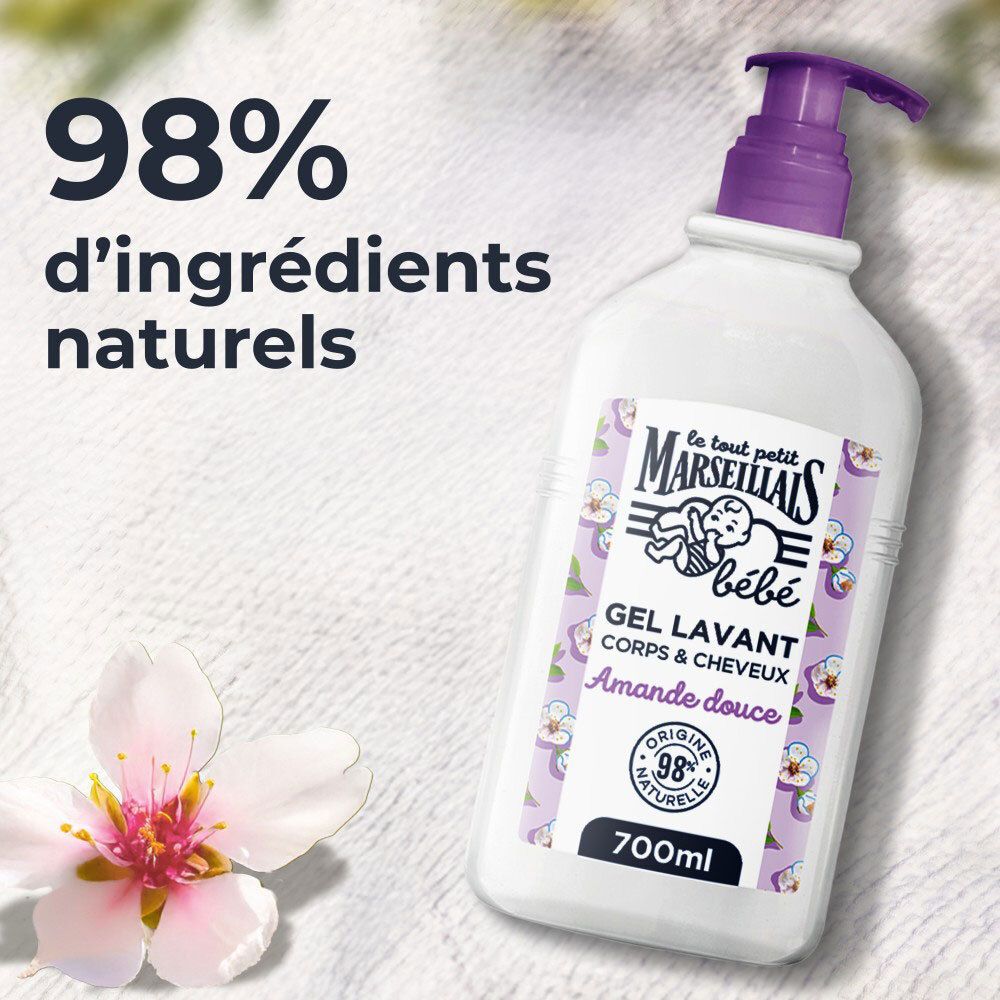 Wasgelfles met paarse pomp. Tekst: 98% d'ingrédients naturels.