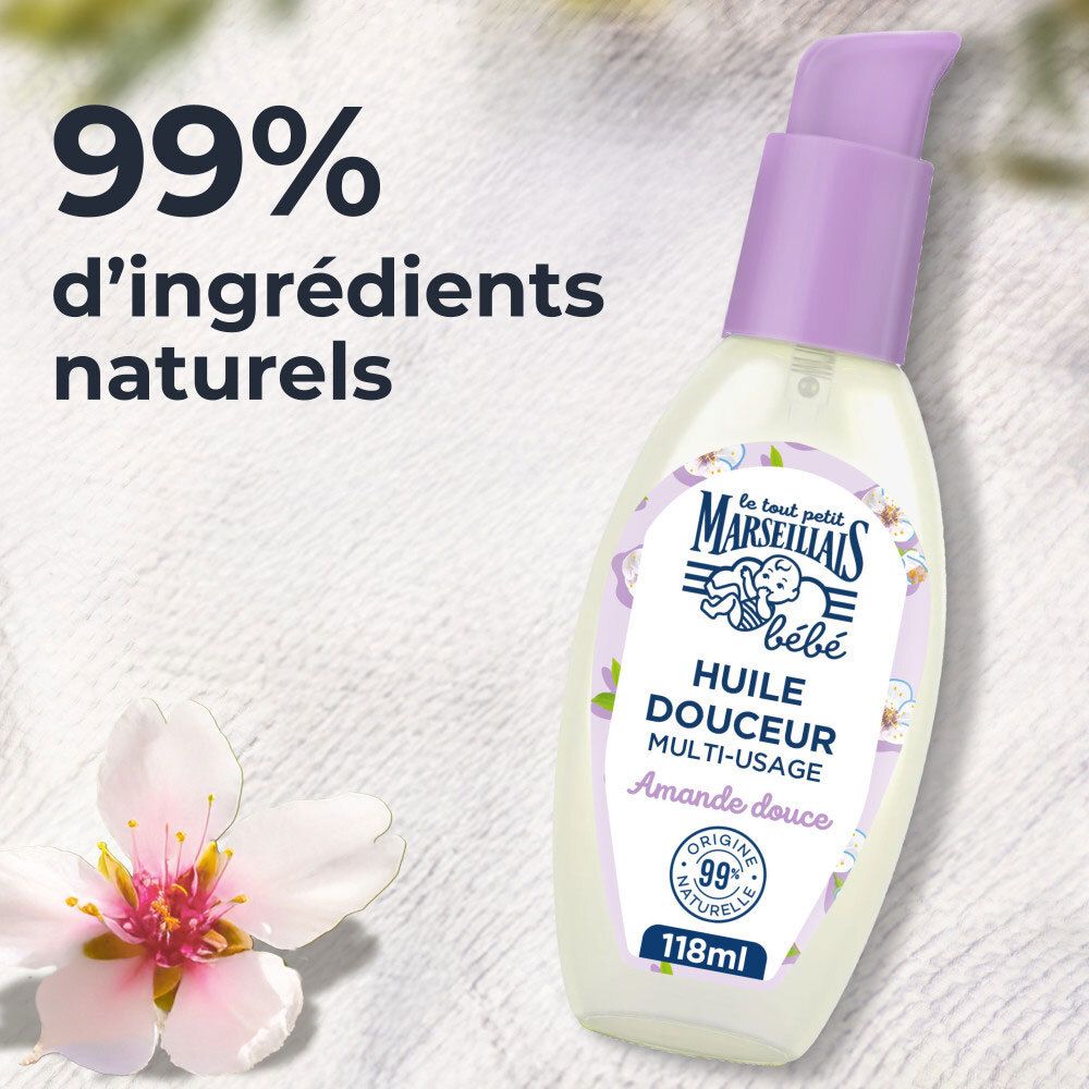 Flacon pompe, huile d'amande douce pour bébé, avec texte '99% d'ingrédients naturels'.