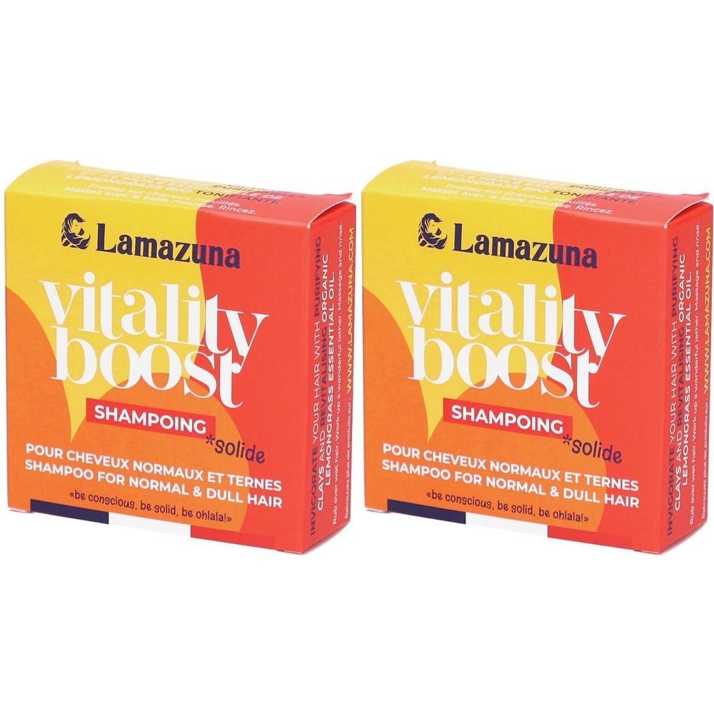 Twee Lamazuna Vitality Boost solide shampoos in gele en oranje verpakking.