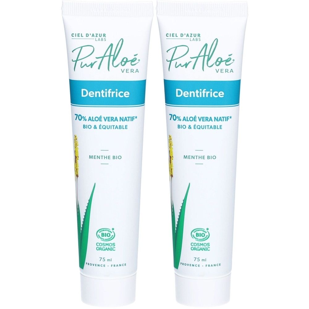 Twee tubes CIEL D'AZUR PurAloe tandpasta met Aloë Vera en munt, 75ml.