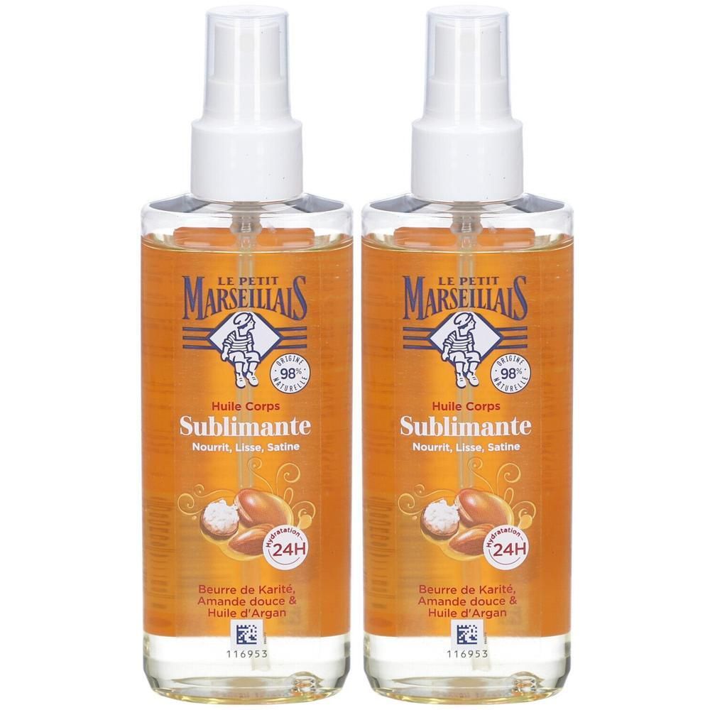 Deux flacons de spray d'huile pour le corps. Inscription : Le Petit Marseillais, Huile Corps Sublimante. Contient beurre de karité, amande douce et argan.