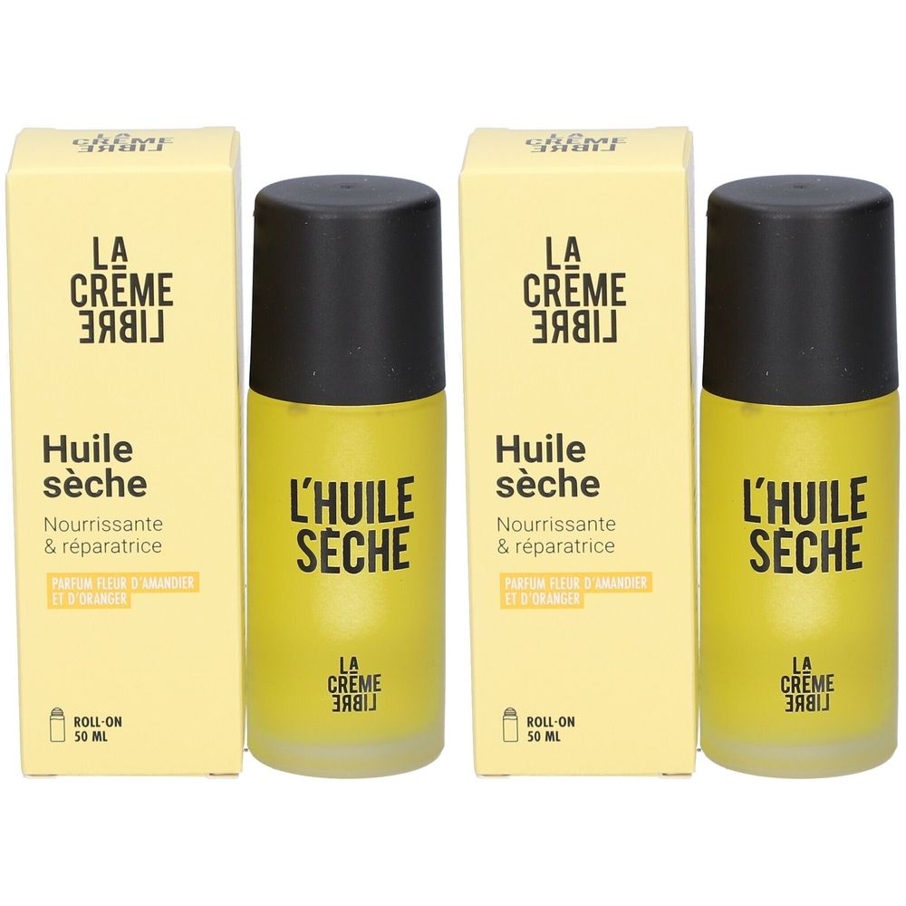 Deux flacons d'huile sèche jaune avec notice. Applicateur roll-on, 50 ml.