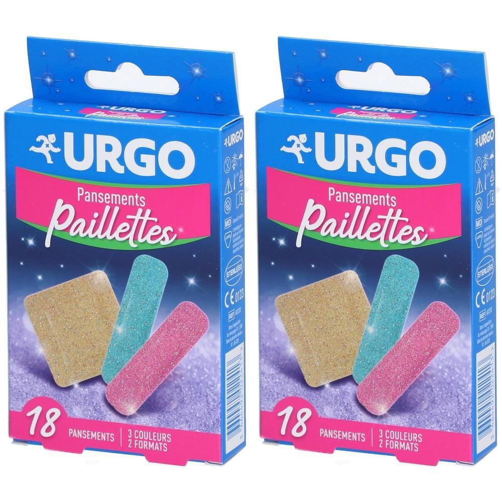 Deux boîtes de pansements. Inscription: URGO, Pansements Paillettes. 18 pansements, 3 couleurs, 2 formats. Design étoiles.