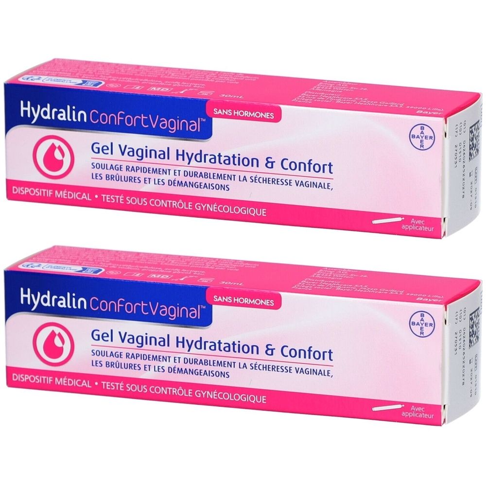 Deux boîtes roses. Texte : "Hydralin Confort Vaginal Gel". Inscription : "Gel Vaginal Hydratation & Confort".