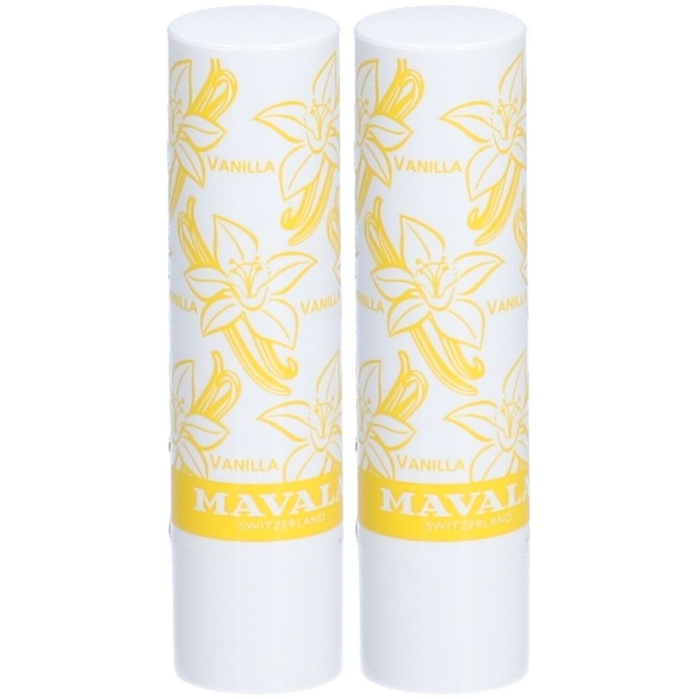 Twee Mavala lippenbalsemstiften met vanillebloesem-patroon.