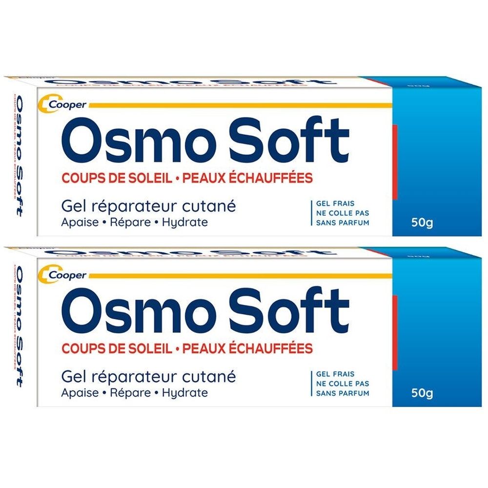 Twee tubes Osmo Soft. Opschrift: COUPS DE SOLEIL - PEAUX ÉCHAUFFÉES. Gel réparateur cutané. 50g.