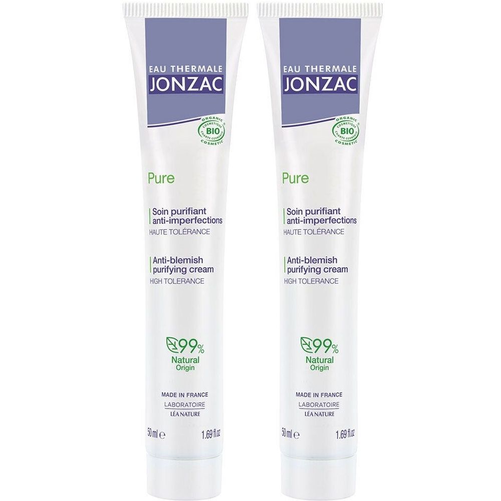Twee tubes Jonzac Pure crème. Witte tubes met blauwe tekst. Tekst: Eau Thermale Jonzac, Pure, anti-onzuiverheden, 99% natuurlijke oorsprong.