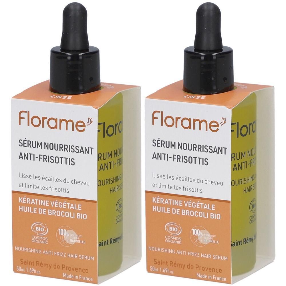 Twee flacons FLORAME anti-frizz serum met zwarte druppelaar. Opschrift: Sérum Nourrissant Anti-Frisottis. Bio-certificering.