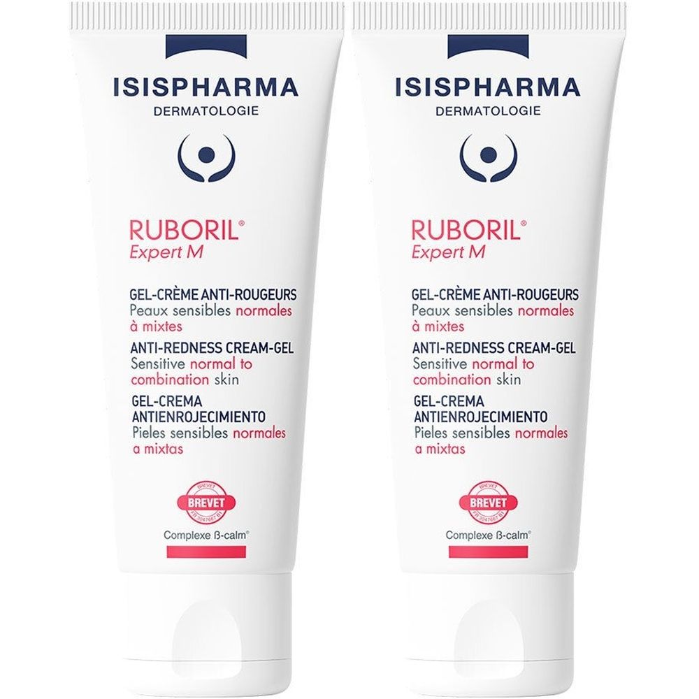 Deux tubes de GEL-CRÈME ANTI-ROUGUEURS Ruboril Expert M pour peaux sensibles normales à mixtes.
