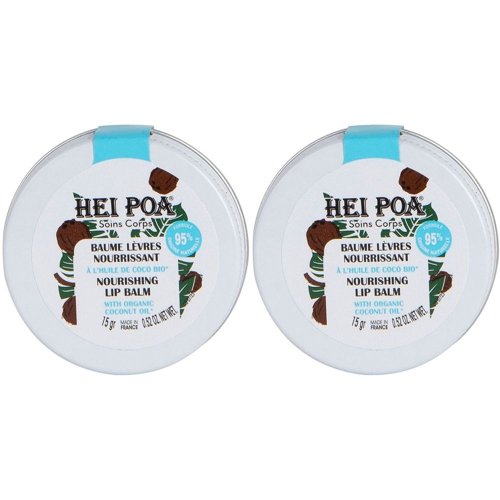 Twee ronde potjes lippenbalsem. Opschrift: HEI POA, Baume Lèvres Nourrissant, 95% natuurlijk. Met kokosolie.