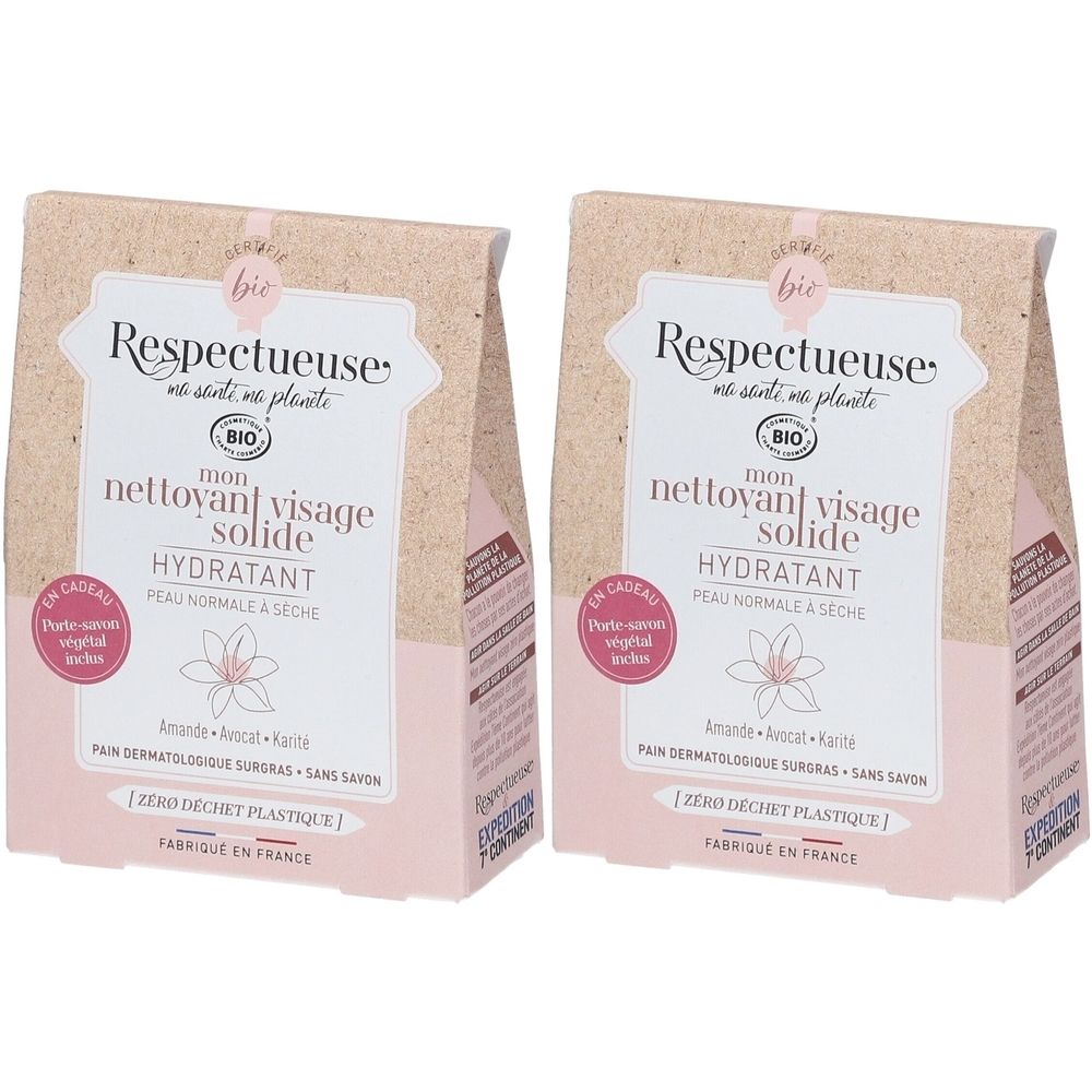 Twee rechthoekige verpakkingen. Opschrift: Respectueuse, Mon nettoyant visage solide hydratant. Bio-certificering.