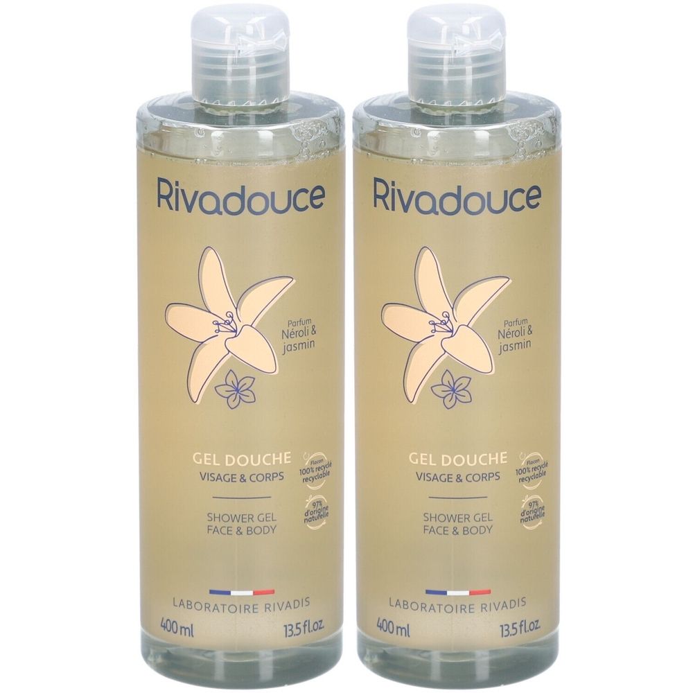 Deux flacons de gel douche "Rivadouce". Inscription "Néroli & Jasmin". Contient 400 ml. Avec logo français.