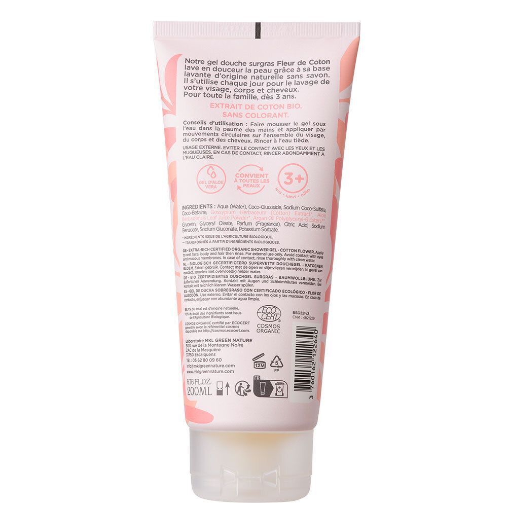 Tube rose avec bouchon blanc. Texte: Fleur de Coton, sans colorant, pour toute la famille dès 3 ans. 200 ml.