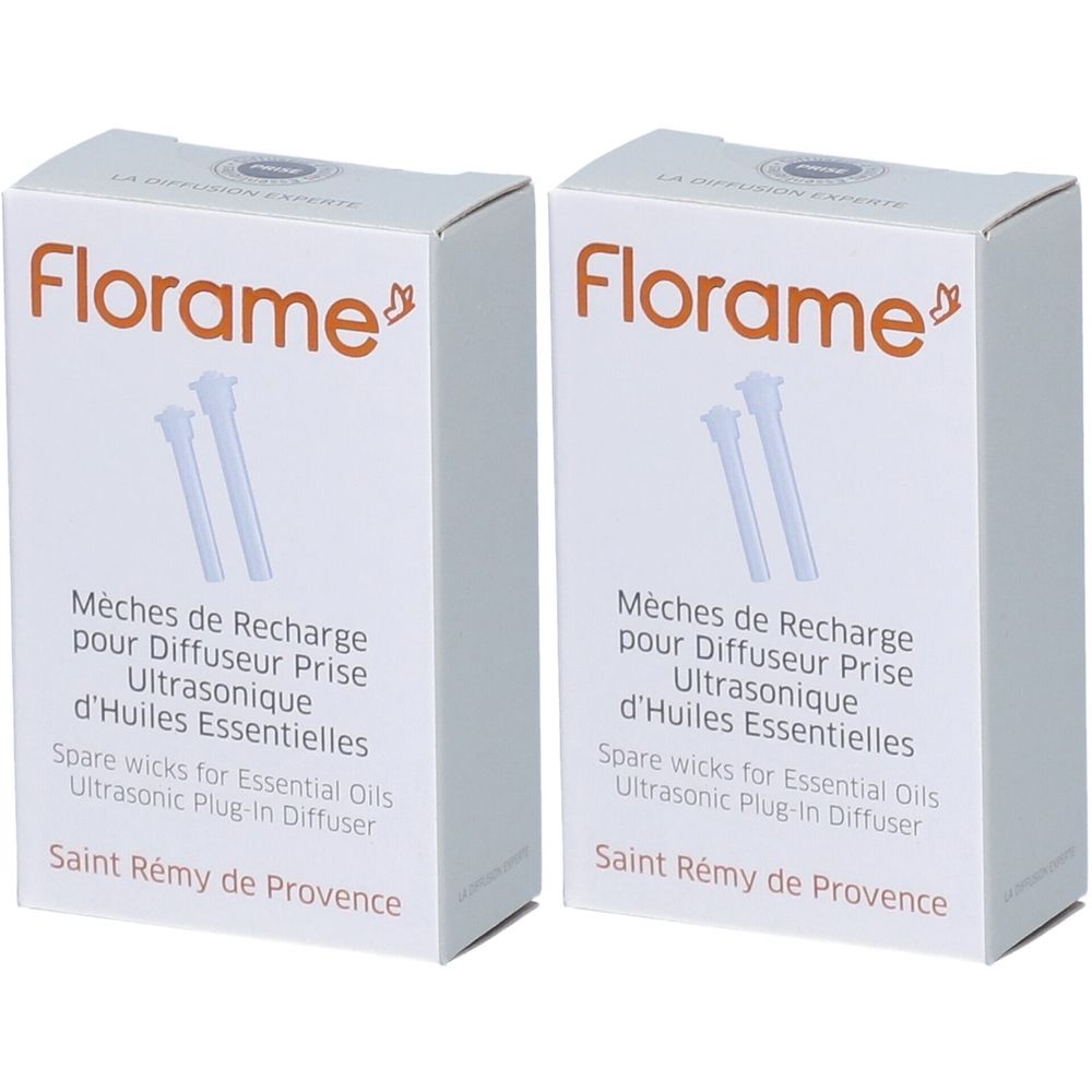 Twee witte dozen met tekst. Merk Florame. Mèches de Recharge pour Diffuseur Prise Ultrasonique d'Huiles Essentielles. Saint Rémy de Provence.