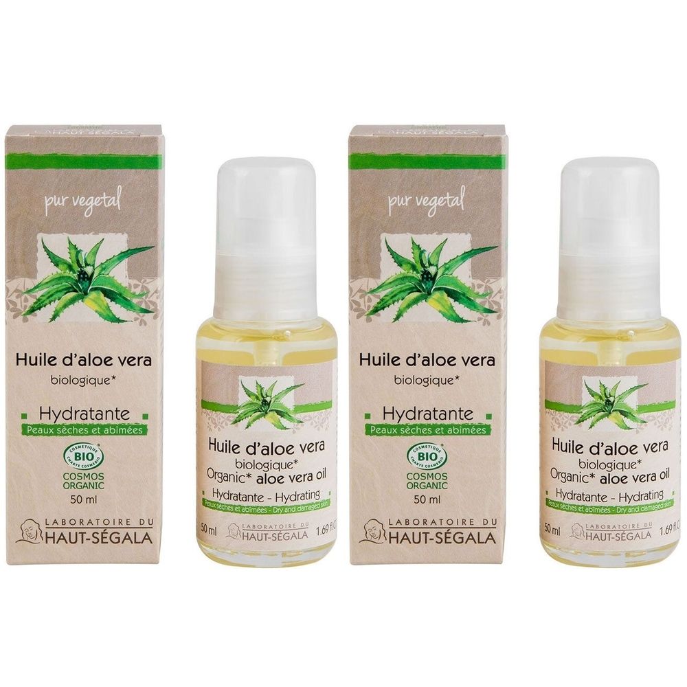 Deux flacons d'Huile d'aloe vera biologique, hydratante. Avec label BIO COSMOS ORGANIC.