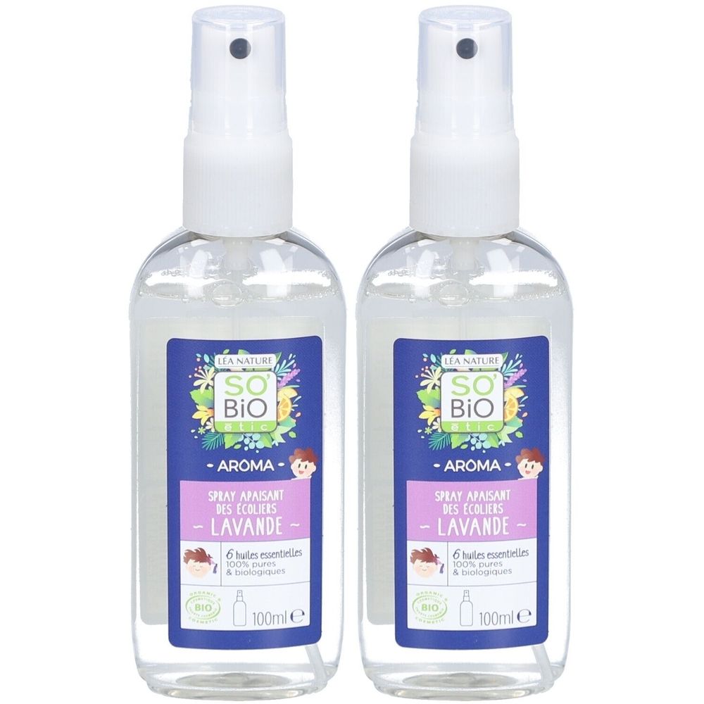 Deux sprays SO'BiO étic Lavande 100ml. Liquide clair dans des flacons pulvérisateurs transparents avec étiquettes bleues.