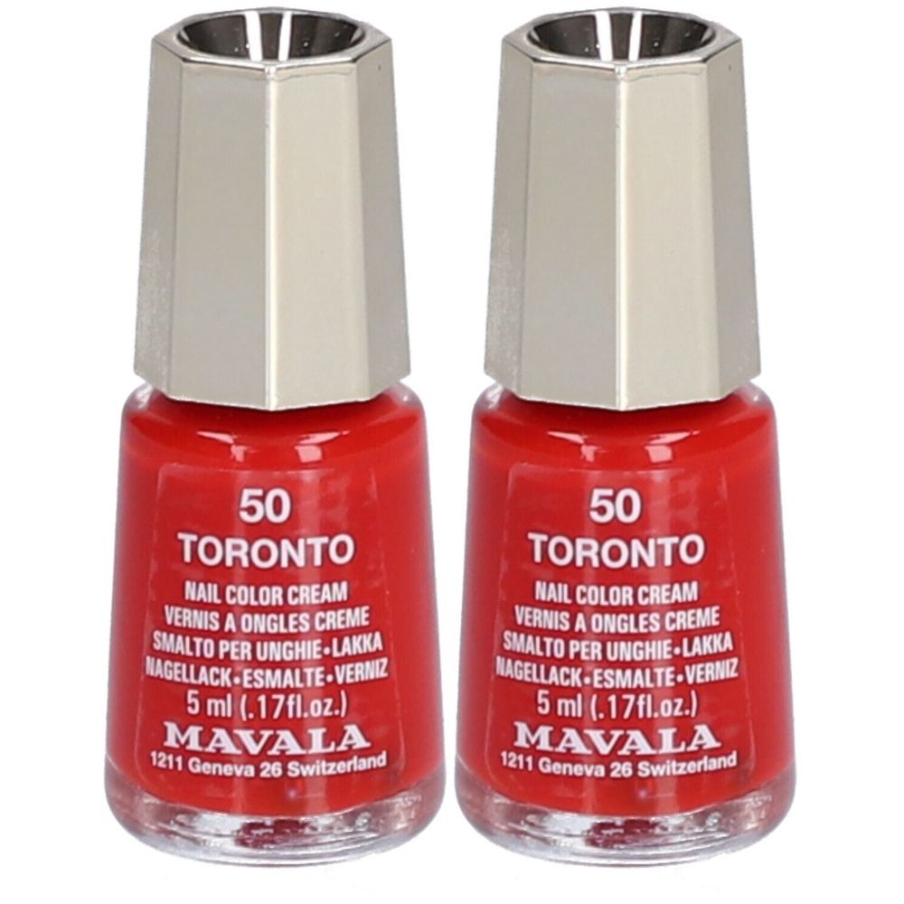 Twee rode Mavala Mini Color nagellakflesjes, Toronto, 5 ml.