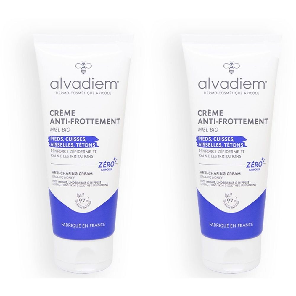 Deux tubes de crème anti-frottement Alvadiem. Tubes blancs avec accents bleus et informations produit. Fabriqué en France.