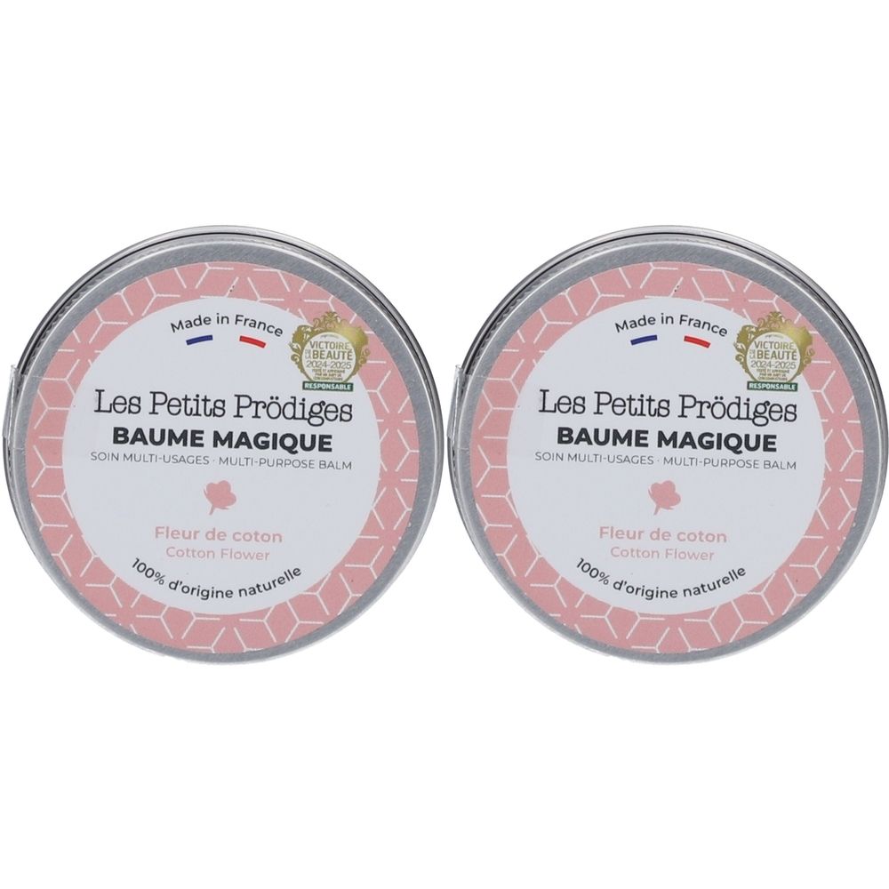 Deux boîtes rondes en métal avec étiquette rose. Inscription : Les Petits Prödiges, Baume Magique, Fleur de coton. Fabriqué en France.