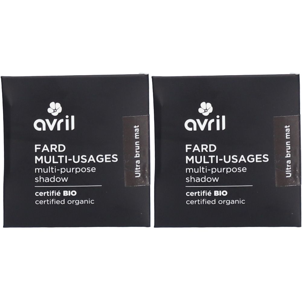 Twee zwarte vierkante verpakkingen. Op elk staat "avril Fard Multi-Usages", "Ultra brun mat" en "certifié BIO".