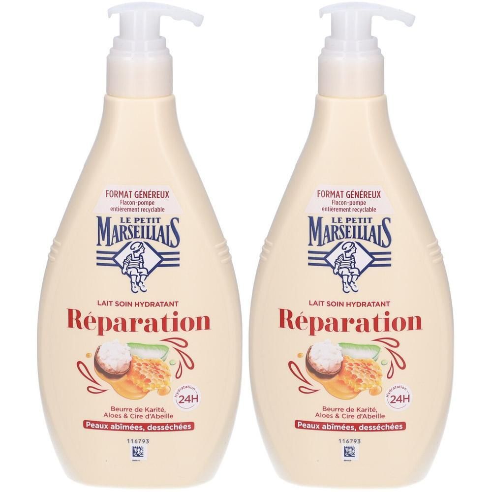 Twee flessen Le Petit Marseillais Lait Soin Réparation. Beige flessen met pomp, tekst en productillustratie.
