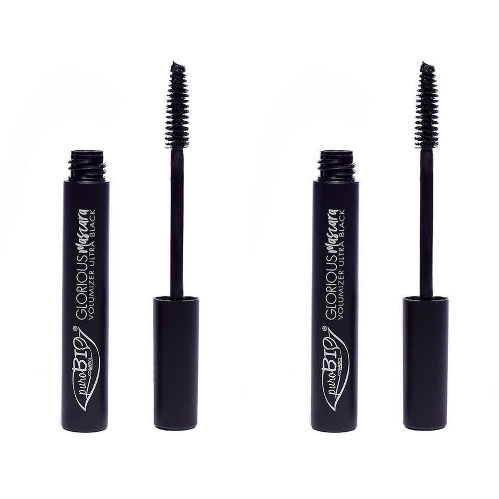 Twee zwarte mascara tubes met borstels. Op de tubes staat "Glorious Mascara" en "puroBIO".