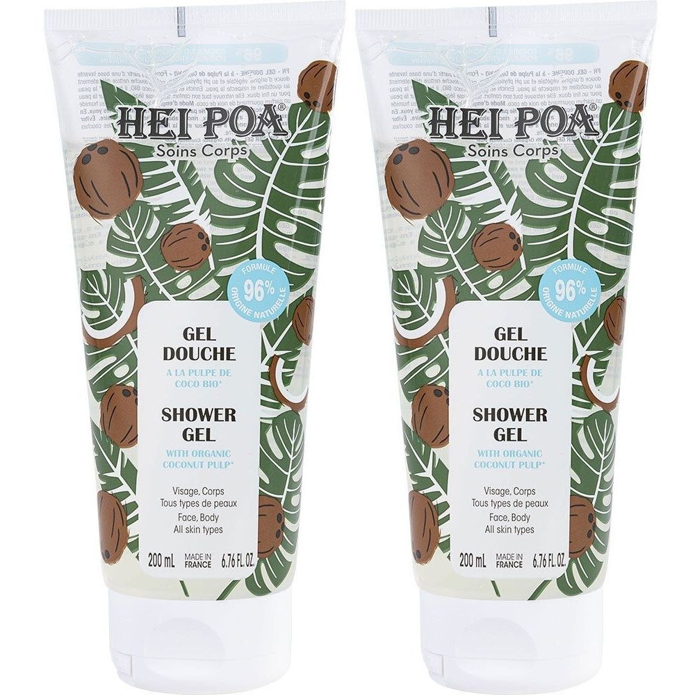 Deux tubes de gel douche HEI POA. Design avec noix de coco et feuilles. Inscription: Gel Douche, Shower Gel. 96% naturel. 200 ml.
