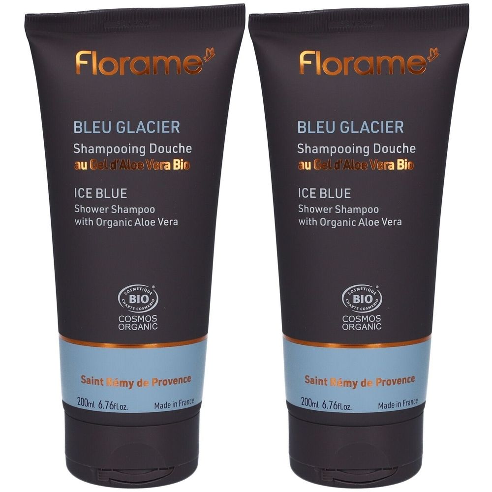 Twee donkere flessen Florame Doucheshampoo met Biologische Aloë Vera. Cosmos Organic gecertificeerd.
