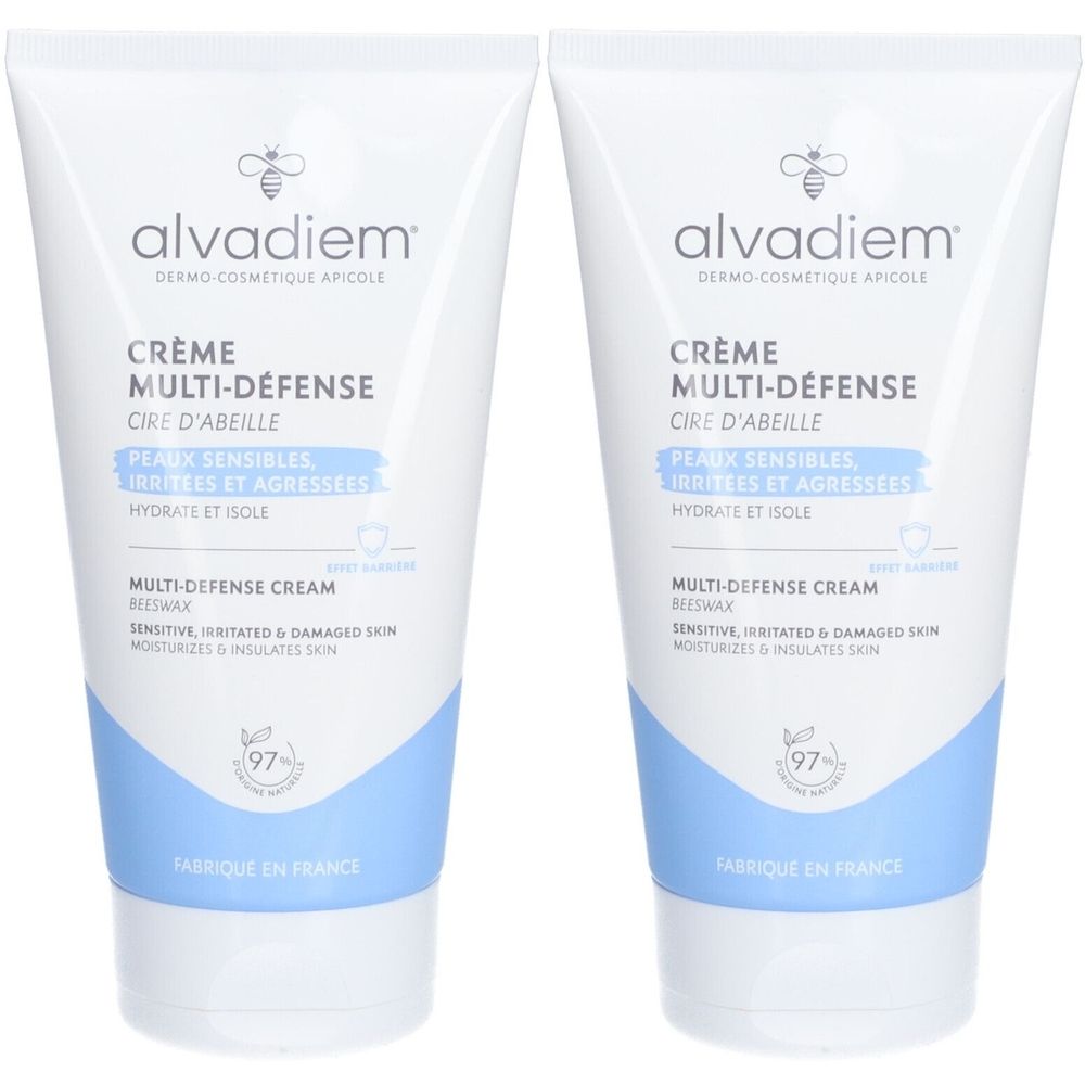 Twee crèmetubes. Opschrift: Multi-Défense, Cire d'Abeille. Voor gevoelige, geïrriteerde huid. Met bijenwas. Gemaakt in Frankrijk.