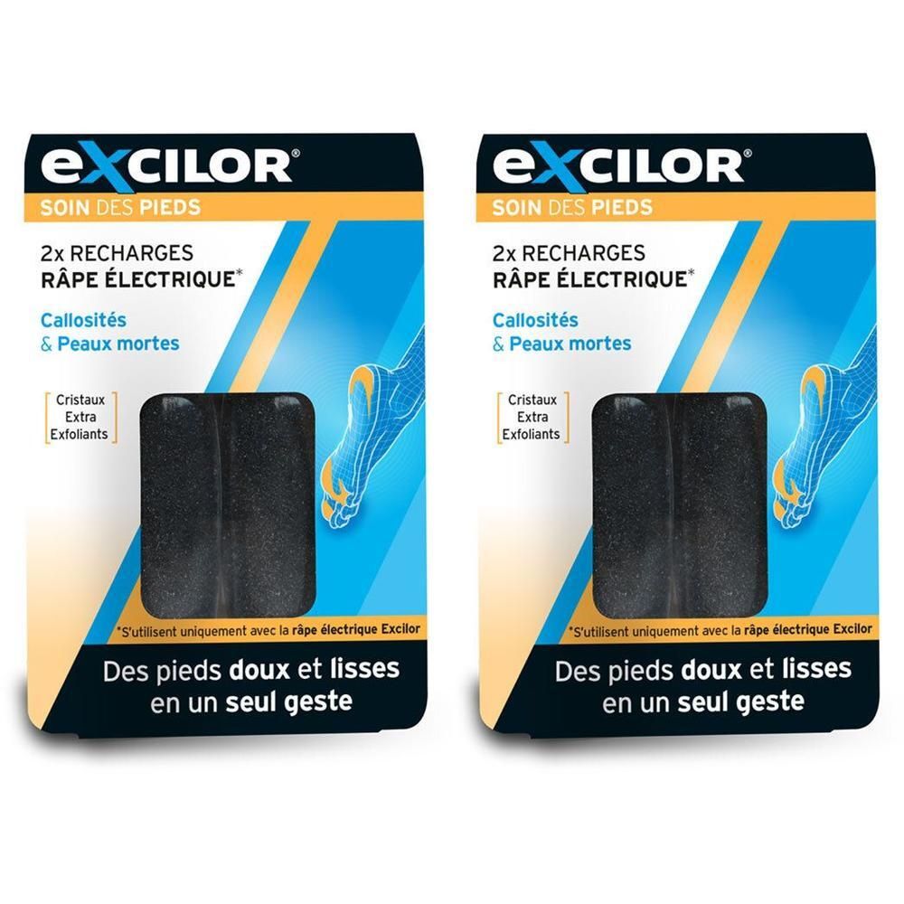 Twee verpakkingen Excilor® Râpe Electrique navullingen. Zwarte, rechthoekige schuurblokken. Verpakking met productnaam en tekst.