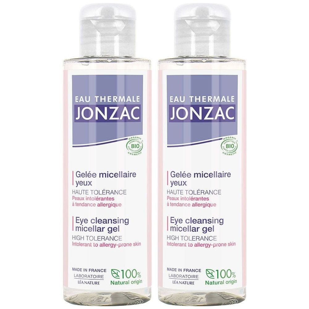 Twee flessen Jonzac Gel Micellaire Démaquillant Yeux Bio. Transparante flessen met witte dop en etiket met productinfo.