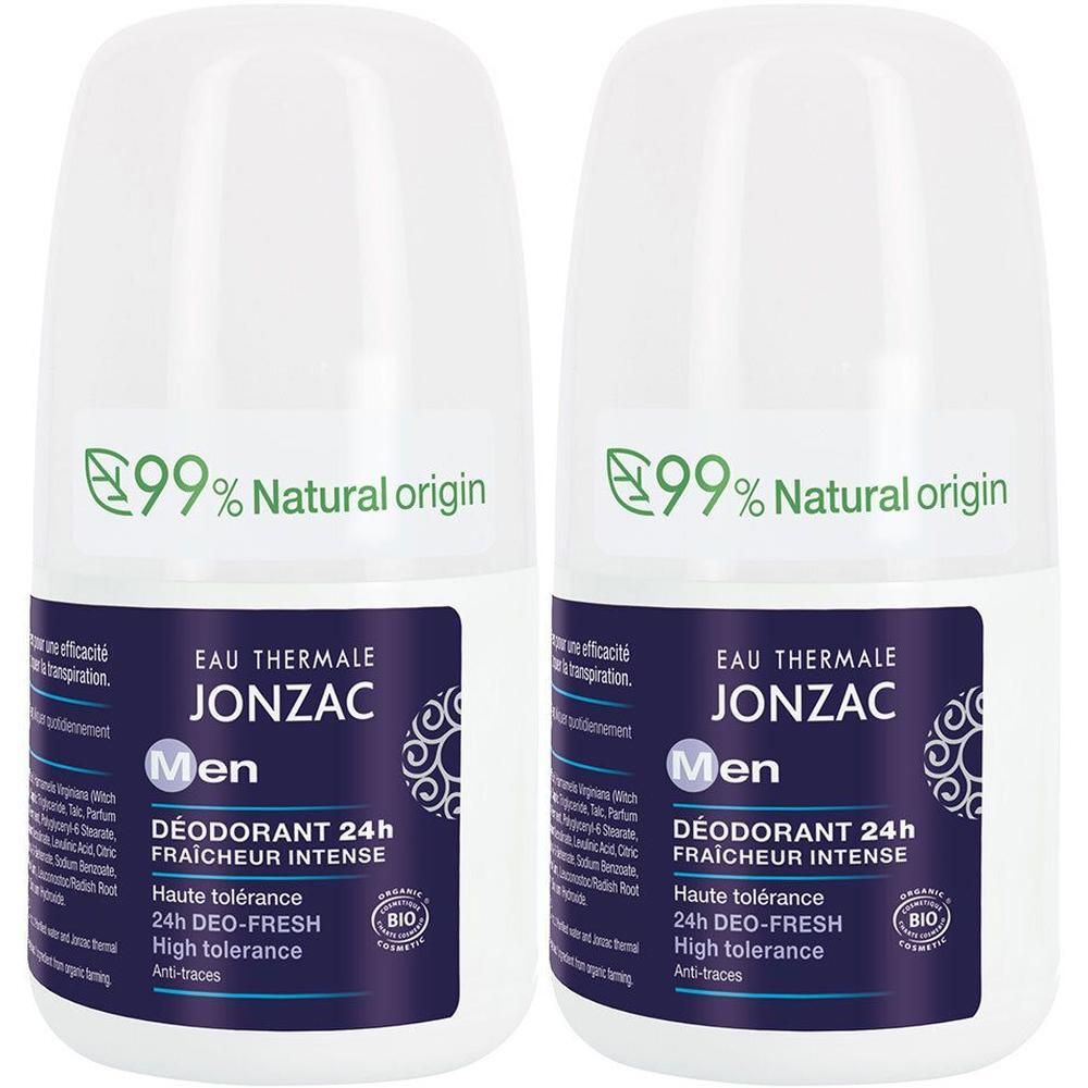 Deux déodorants roll-on blancs. Étiquettes bleues. Inscriptions : EAU THERMALE JONZAC, Men, 99% Natural origin. Certification Bio.