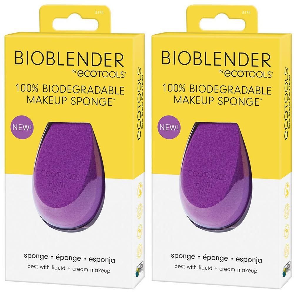 Twee paarse, biologisch afbreekbare make-up sponzen van EcoTools in gele verpakking.