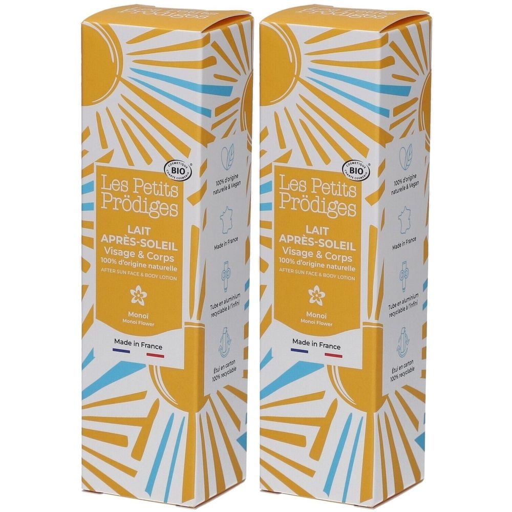Twee rechthoekige dozen met zonnemotief. Opschrift: Les Petits Prodiges, Lait Après-Soleil Visage & Corps. Bio-certificering.