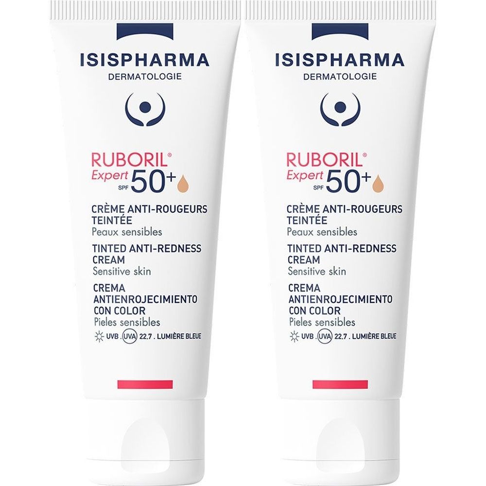 Deux tubes de crème. Inscription: ISISPHARMA, Ruboril Expert 50+, Crème Anti-Rougeurs Teintée, pour peaux sensibles.