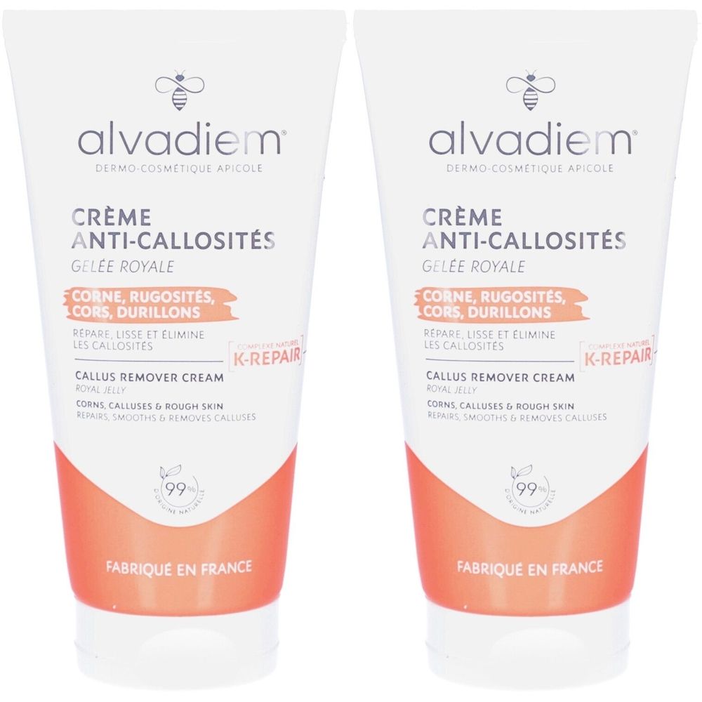 Deux tubes de crème. Blanc, avec un accent orange. Texte: alvadiem, Crème Anti-Callosités, Gelee Royale, K-Repair, Fabriqué en France.