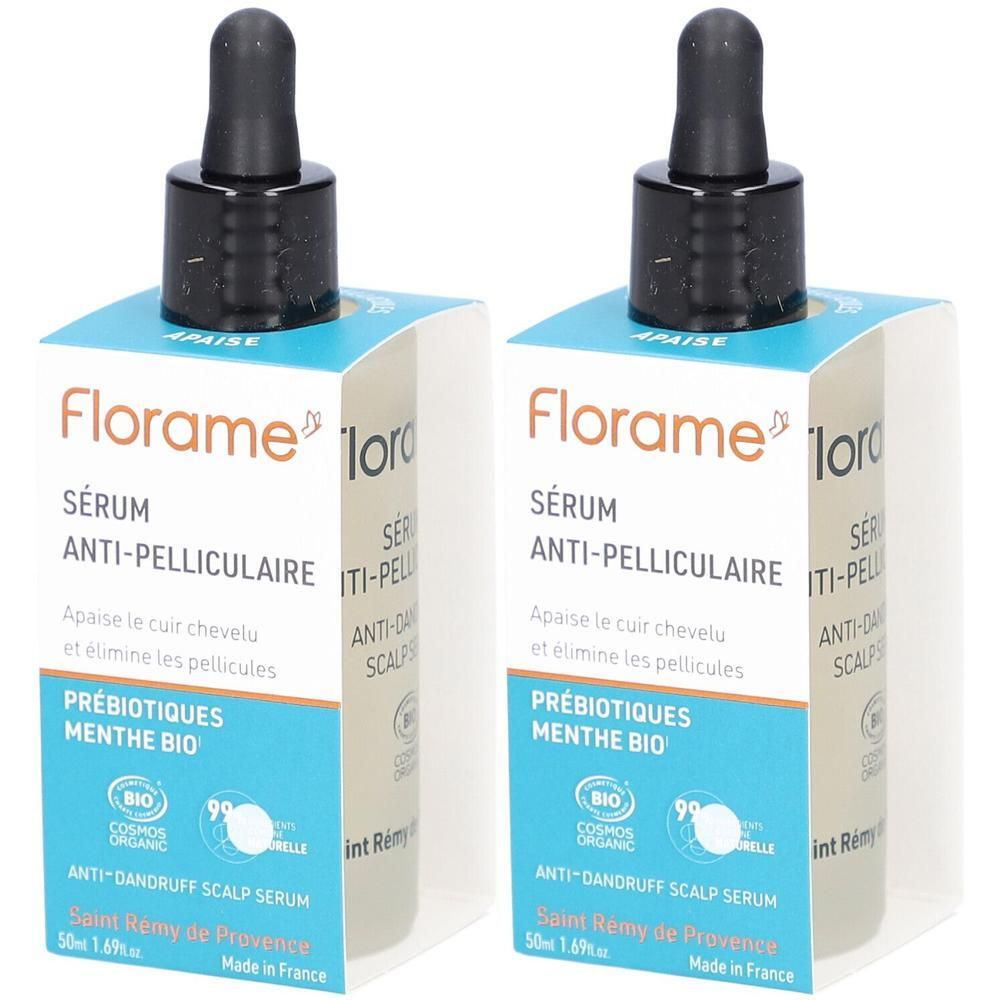 Twee flacons met druppelaar en verpakking. Op de verpakking staat "Florame Sérum Anti-Pelliculaire". Biologische certificering.