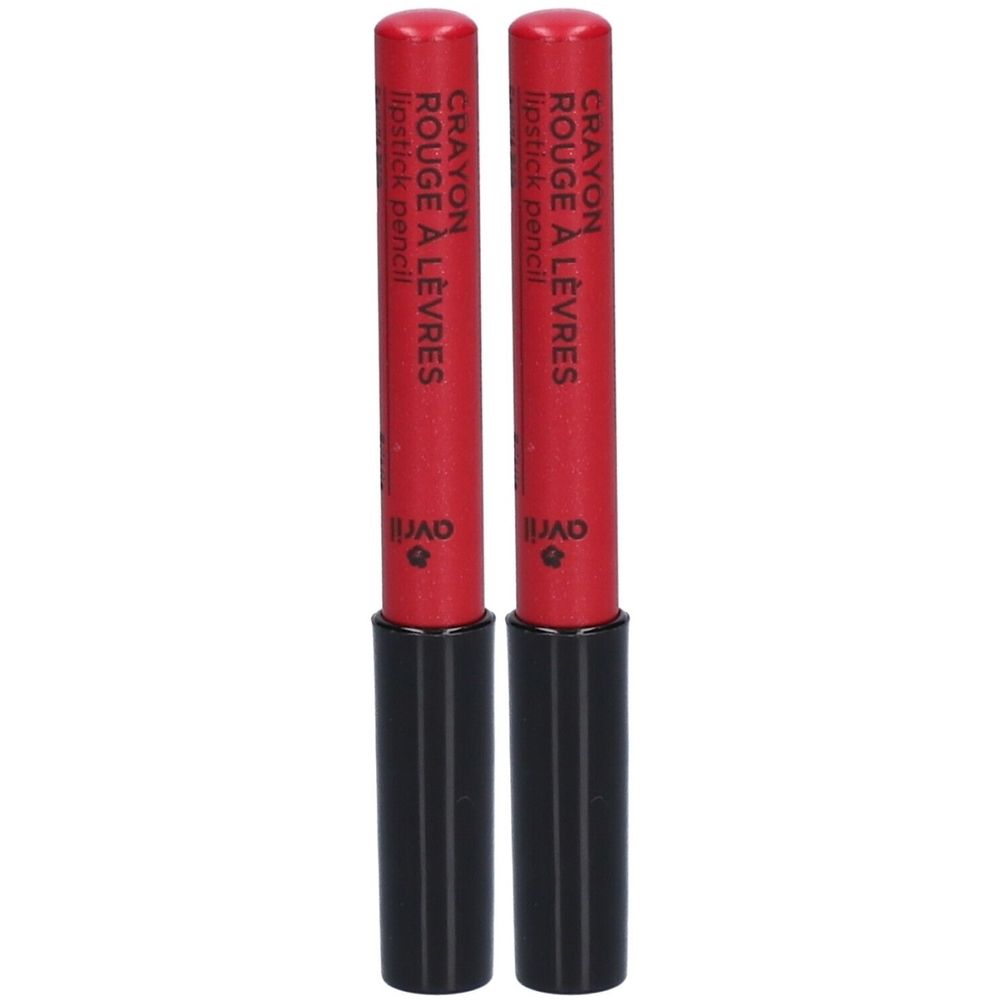 Twee rode lippenstiften met zwarte huls. Opschrift: Crayon Rouge à Lèvres, lipstick pencil. Merk Avril.