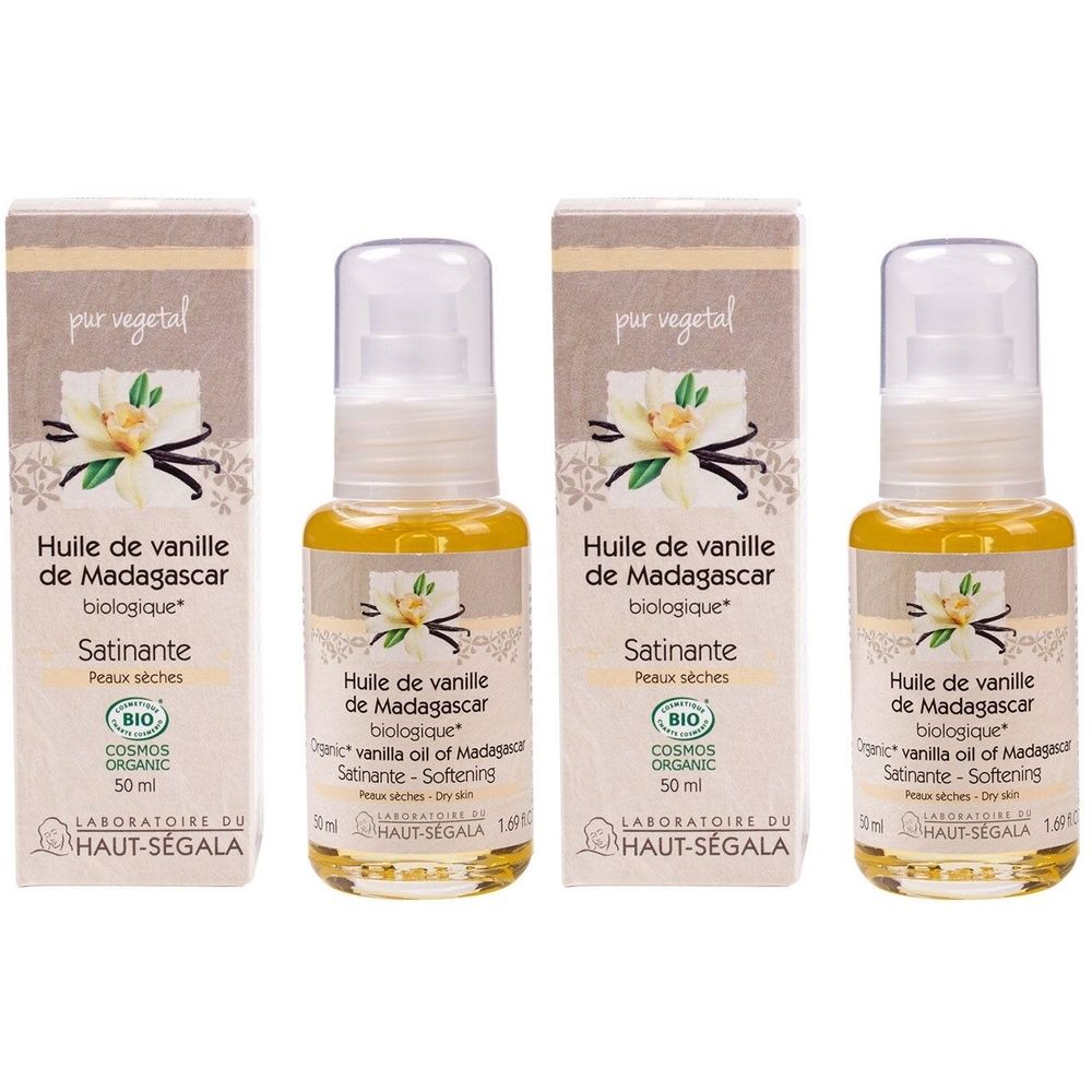 Twee flessen biologische vanilleolie uit Madagaskar van Laboratoire du Haut-Ségala, 50ml.