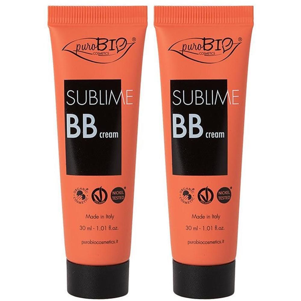 Twee tubes BB crème. Oranje tubes met zwarte tekst. Opschrift: SUBLIME BB cream. Merk: puroBIO. Met certificeringen.