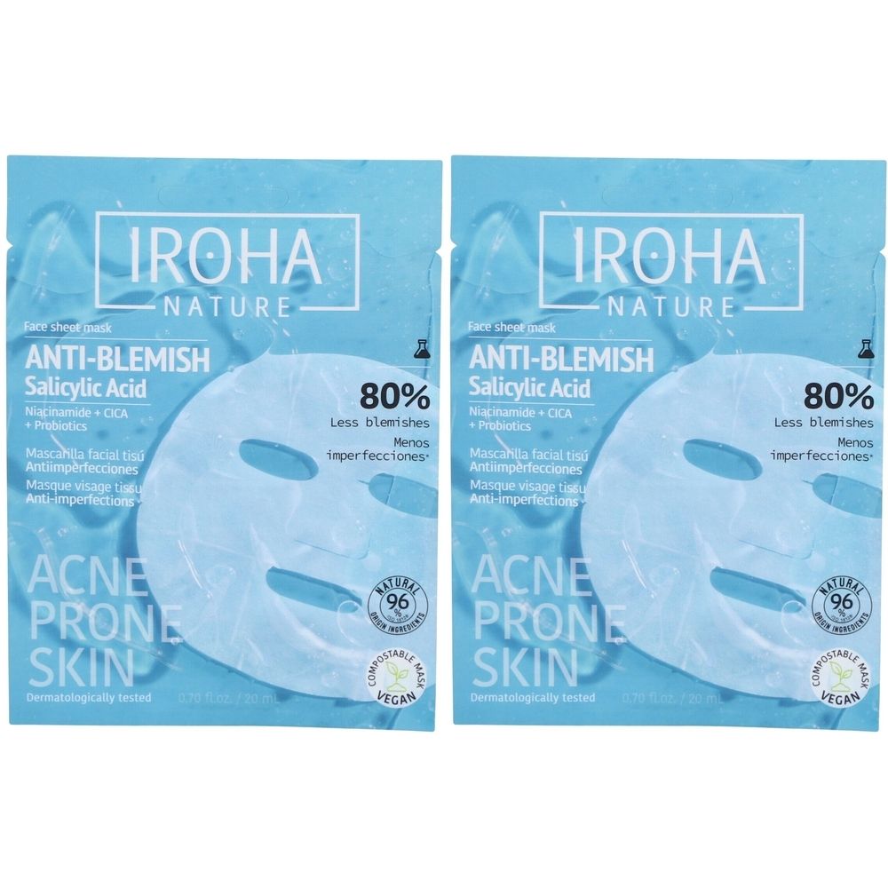 Twee IROHA Anti-Imperfect Tissue gezichtsmaskers voor acne-gevoelige huid met salicylzuur.