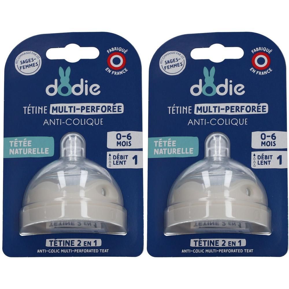 Twee Dodie Multi-Perforée anti-koliek spenen op verpakking. Geschikt voor 0-6 maanden. Gemaakt in Frankrijk. Speen 2 in 1.