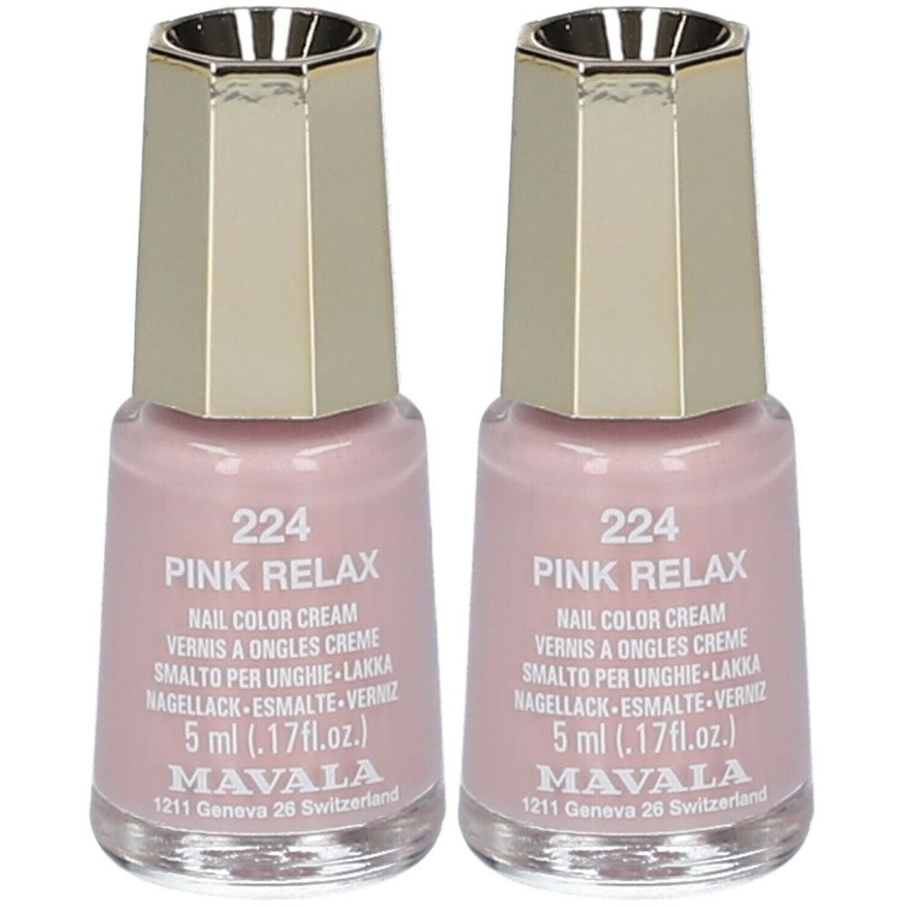 Twee roze nagellakflesjes. Gouden dop. Opschrift: 224 Pink Relax, Nail Color Cream, MAVALA.