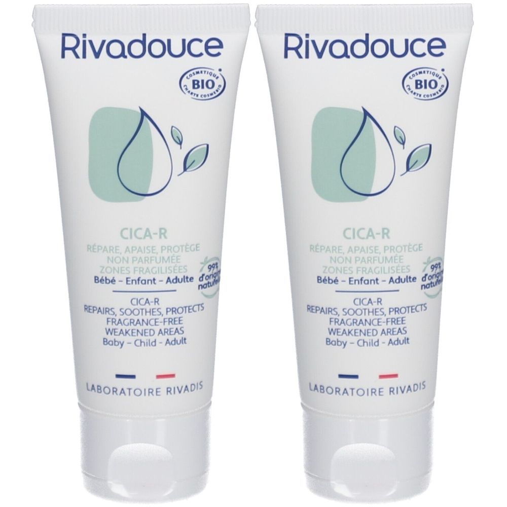Deux tubes de Rivadouche Cica-R. Tubes blancs avec accents verts. Texte: Cica-R, répare, apaise, protège. Certification bio.