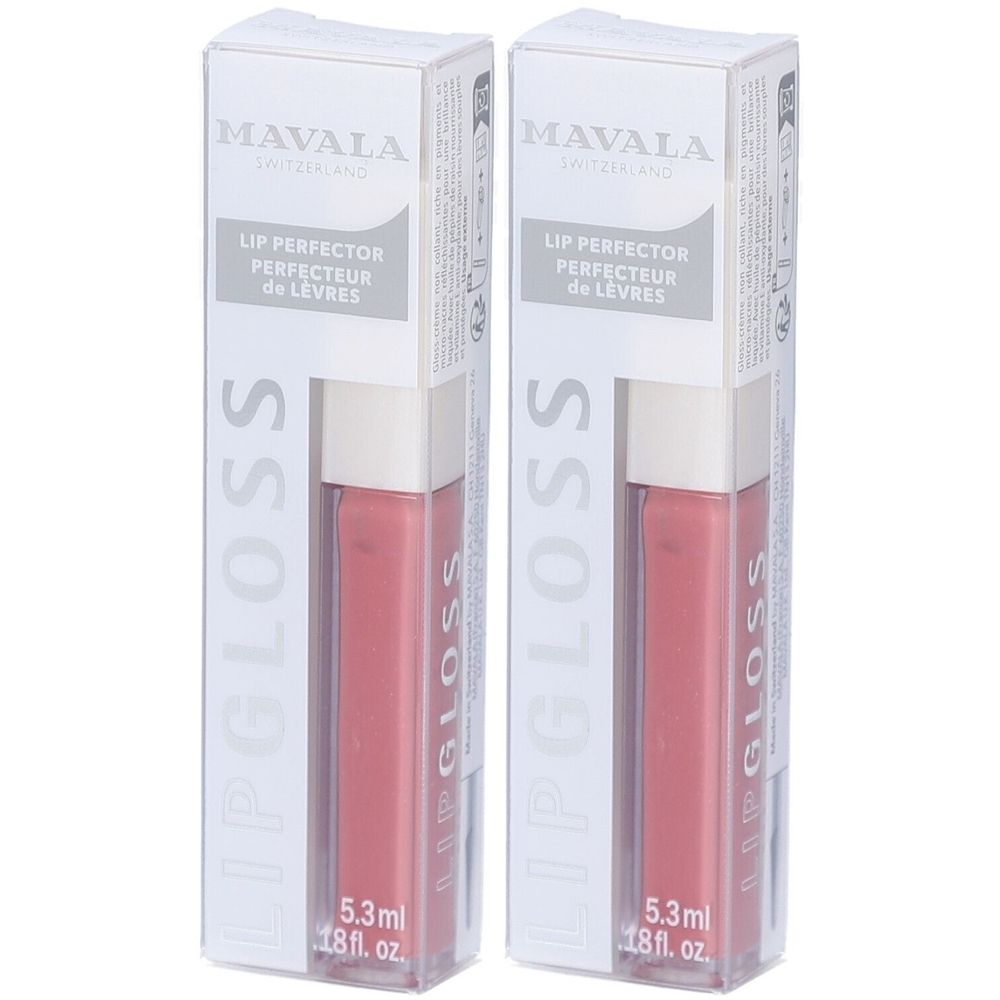 Twee lipglossflacons met verpakking. Opschrift: MAVALA, LIPGLOSS, LIP PERFECTOR. Inhoud: 5,3 ml.